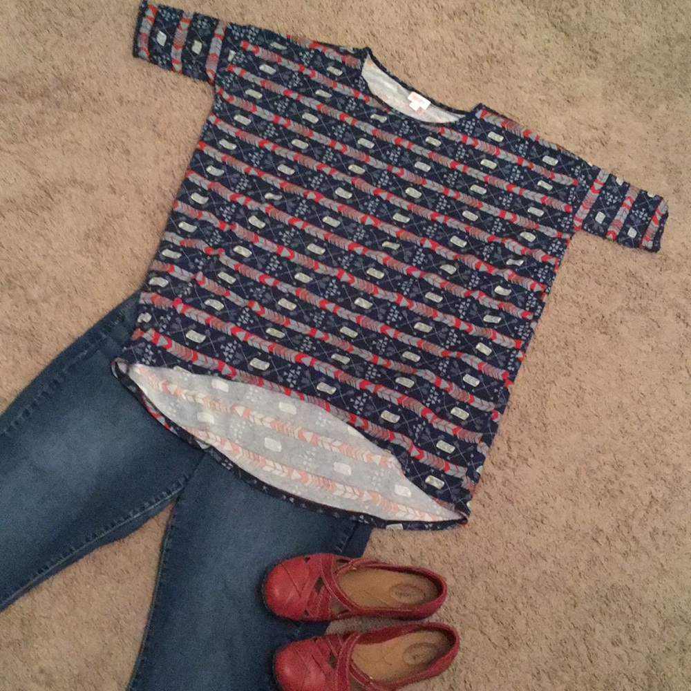 Lularoe Irma tunic, size large, arrows, blue teal